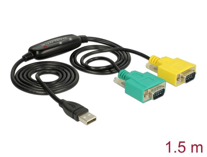 Ein KVM-Switch-Kabel mit USB-Anschluss und zwei VGA-Steckern, farblich gekennzeichnet in Grün und Gelb. Länge 1,5 Meter.