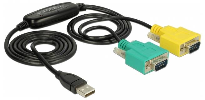 Ein USB-auf-Doppel-VGA-Adapterkabel mit schwarzem, grünem und gelbem Anschluss. Verbunden mit Computern für parallele Bildschirmausgabe.