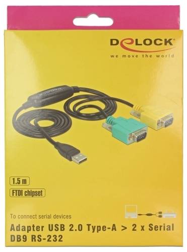 Verpackung eines USB 2.0 Type-A auf zwei serielle DB9 RS-232 Adapter, 1,5 m Länge, mit FTDI-Chipsatz, geeignet zum Verbinden serieller Geräte.
