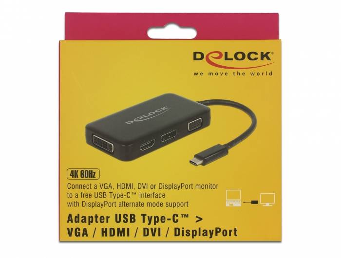 Delock USB 2.0 Adapter [1x USB-C® Stecker - 1x VGA-Buchse, HDMI-Buchse, DVI-Buchse 24+5pol., DisplayPort Buchse] 63929 0.15m