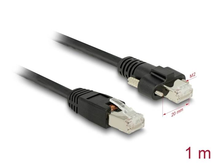 Schwarzes Ethernet-Kabel, Länge: 1 m, mit RJ45-Steckern, Abstand zwischen Metallenden: 20 mm. Zwei M2-Schrauben zur Sicherung.