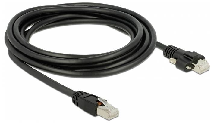 Ein schwarzes Ethernet-Kabel mit zwei RJ45-Steckern, geeignet für Netzwerkverbindungen in Büros oder zu Hause.