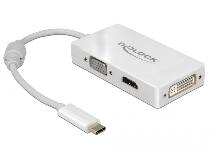 USB-C-Adapter mit drei Anschlüssen: VGA, HDMI und DVI, zum Verbinden verschiedener Displays mit einem einzigen USB-C-Anschluss.