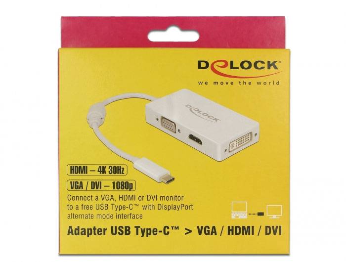 'Adapter USB Type-C™ zu VGA/HDMI/DVI' von Delock, zeigt Anschlüsse für VGA, HDMI und DVI. Nutzt ein USB Type-C™ Interface.