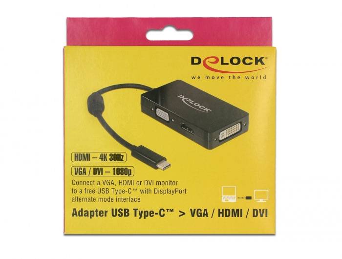 Delock USB 2.0 Adapter [1x USB-C® Stecker - 1x VGA-Buchse, HDMI-Buchse, DVI-Buchse 24+5pol.] 63925 0.13m