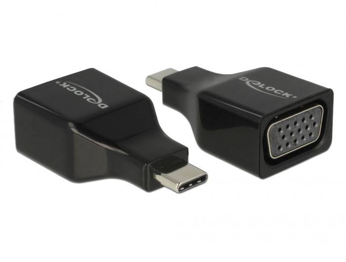 Zwei schwarze Adapter: USB-C zu VGA, Marke DeLock, zum Anschließen älterer Monitore an moderne Geräte.