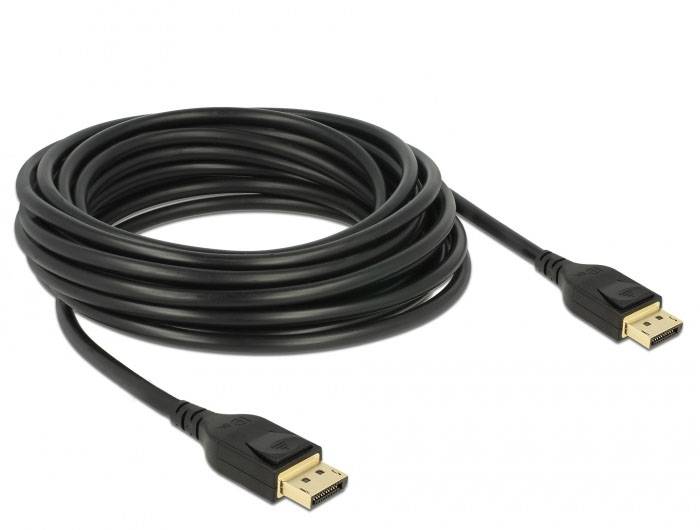 DisplayPort-Kabel, schwarz, aufgewickelt, mit zwei Steckern. Geeignet zur Verbindung von Computern mit Monitoren oder anderen Geräten.