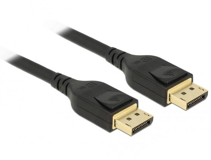 Zwei schwarze DisplayPort-Kabel mit goldenen Steckern zeigen die Anschlüsse. Ideal für die Verbindung von Monitoren mit Computern.