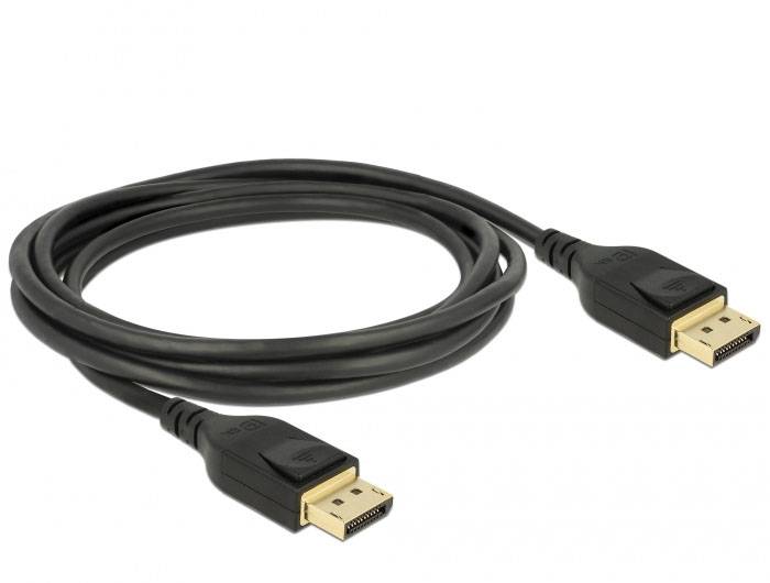 Ein schwarzes DisplayPort-Kabel mit zwei Steckern, das für den Anschluss zwischen Monitor und Computer zur Übertragung von Bildsignalen verwendet wird.