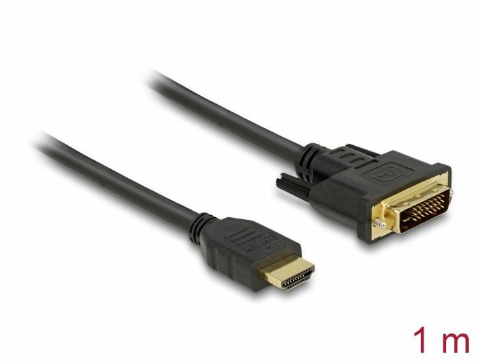 HDMI-zu-DVI-Kabel, 1 Meter lang. links HDMI-Stecker, rechts DVI-Stecker. Verwendung: Verbindung zwischen HDMI- und DVI-Geräten.