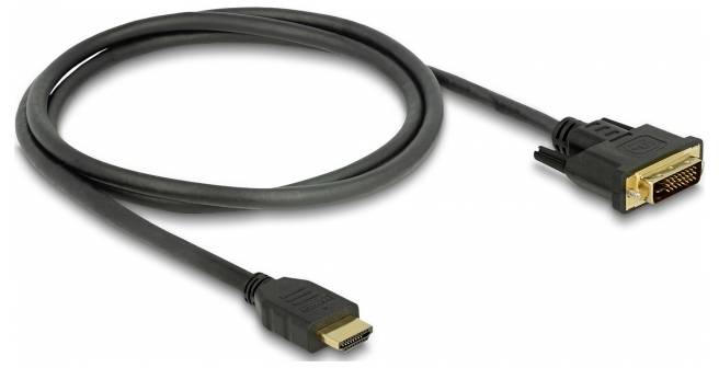 Ein schwarzes Kabel mit DVI-Stecker auf der einen Seite und HDMI-Stecker auf der anderen Seite, zur Verbindung von Videoquellen.