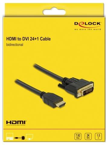 Zwei Kabel mit HDMI- und DVI-Anschlüssen auf gelbem Hintergrund. Text: 'HDMI to DVI 24+1 Cable, bidirectional'. Marke: Delock.