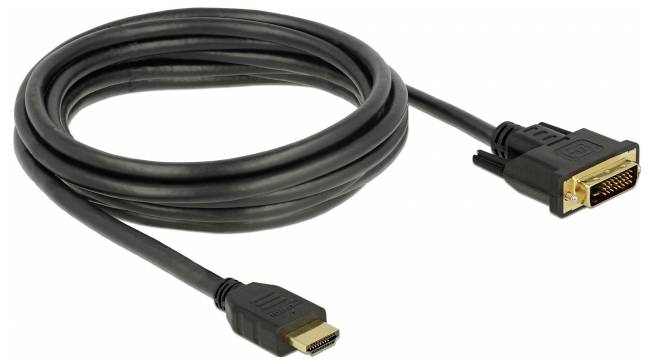 Ein schwarzes HDMI-zu-DVI-Kabel mit einem HDMI-Anschluss auf der einen Seite und einem DVI-Anschluss auf der anderen.