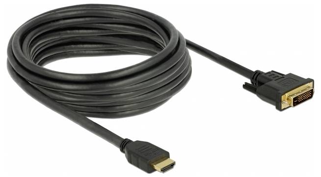 Ein schwarzes DVI-zu-HDMI-Kabel, geeignet zum Verbinden von Computer und Monitor oder Fernseher für die Videoübertragung.