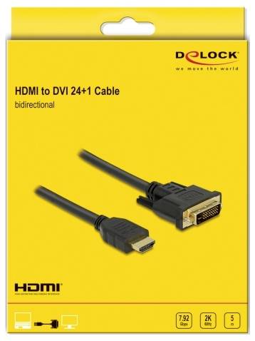 Gelbe Verpackung für ein HDMI-zu-DVI 24+1 Kabel, bidirektional, zeigt zwei Stecker. Markenname und technische Details unten.