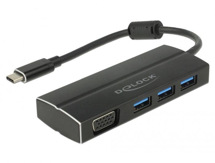 Ein schwarzer USB-C-Adapter mit einem Kabel und mehreren Anschlüssen: drei USB-Ports und ein VGA-Anschluss.