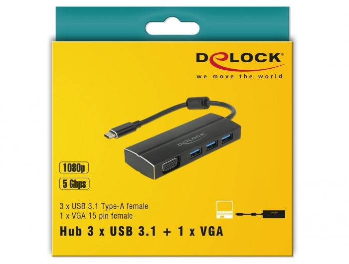 Produktverpackung eines Delock USB-Hubs mit 3 USB 3.1 Typ-A-Anschlüssen und 1 VGA-Anschluss. Unterstützt 1080p, Übertragung bis 5 Gbps.