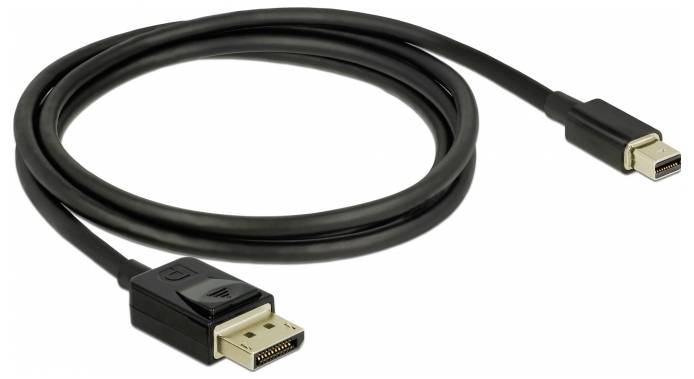 Ein schwarzes DisplayPort-Kabel mit einem großen und einem kleinen Stecker, für die Verbindung von Monitoren mit Computern.