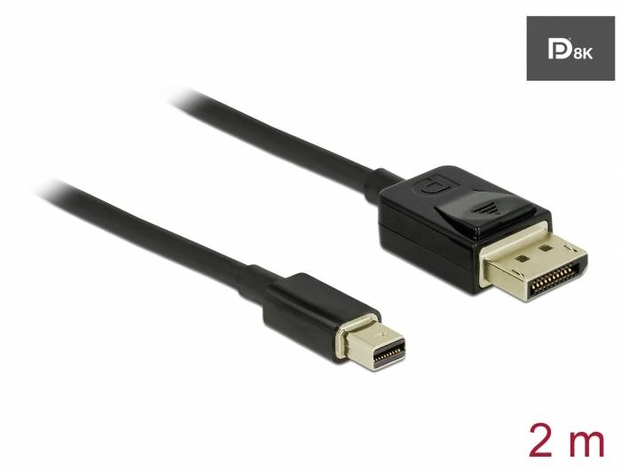 Schwarzes Kabel, 2 Meter lang, mit einem DisplayPort-Stecker und einem Mini DisplayPort-Stecker.