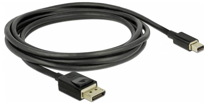 Ein schwarzes DisplayPort-zu-Mini-DisplayPort-Kabel, geeignet für die Verbindung eines Monitors mit einem Computer.