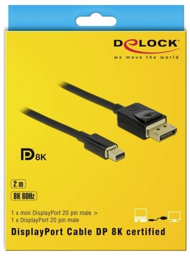 Verpackung eines schwarzen DisplayPort-Kabels, zertifiziert für 8K. Hervorgehobene Merkmale sind 2 Meter Länge und 8K 60Hz.