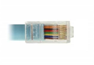 Klarer Nahaufnahme eines RJ-45-Steckers mit sichtbaren farbigen Kabeln, die für Netzwerkkabel-Verbindungen verwendet werden.