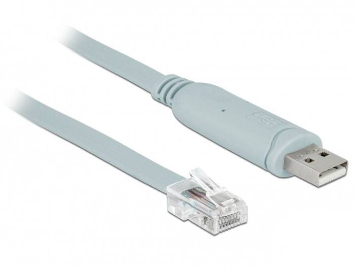 Ein hellgraues Kabel mit einem USB-Stecker an einem Ende und einem RJ45-Stecker am anderen, geeignet für Datenverbindungen.