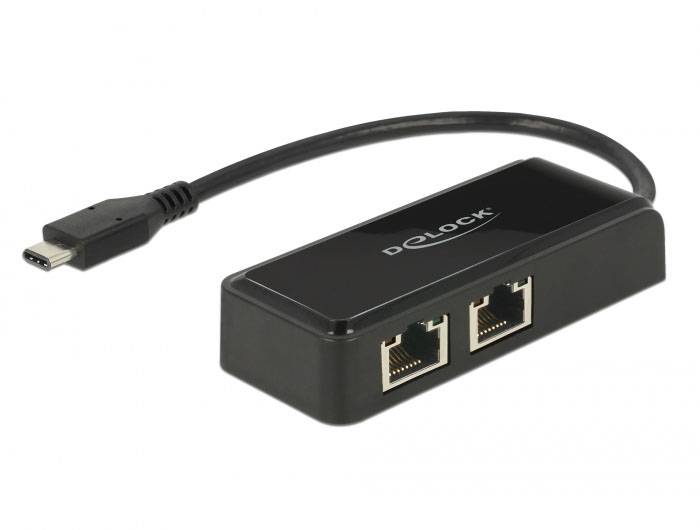 USB-C-Adapter mit zwei Ethernet-Anschlüssen, schwarzes Design, Marke 'Delock', dient zur Netzwerkverbindung über USB-C-Port.