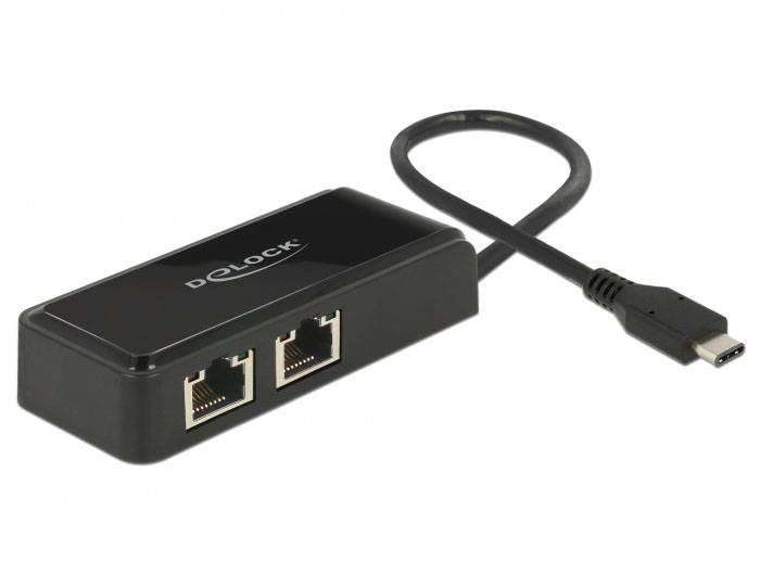 Netzwerkadapter mit zwei Ethernet-Anschlüssen und einem USB-C-Anschluss. Verbindungslösung für Geräte ohne Ethernet-Port.