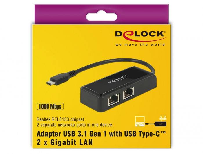 'Adapter USB 3.1 Gen 1 mit USB Type-C zu 2 x Gigabit LAN' auf gelber Verpackung. Markenname 'Delock' oben, 1000 Mbps, Realtek RTL8153 Chipset.