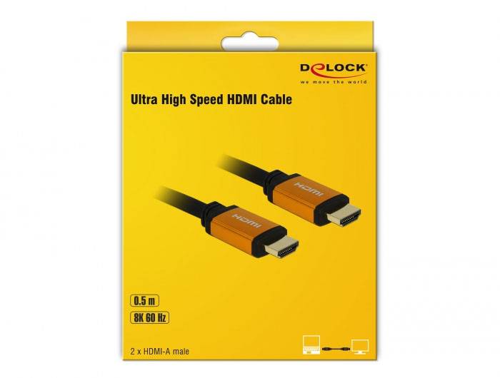 Verpackung eines 'Ultra High Speed HDMI Kabels' von Delock, 0,5 m Länge, unterstützt 8K bei 60 Hz, enthält 2 HDMI-A-Stecker.