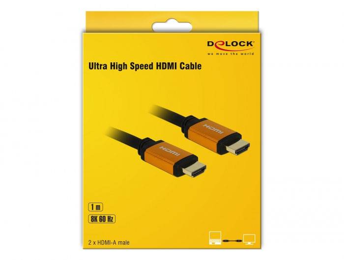 'Ultra High Speed HDMI-Kabel' von DeLOCK, 1 m Länge, 8K 60 Hz, mit zwei HDMI-A Steckern, Verpackungsabbildung.