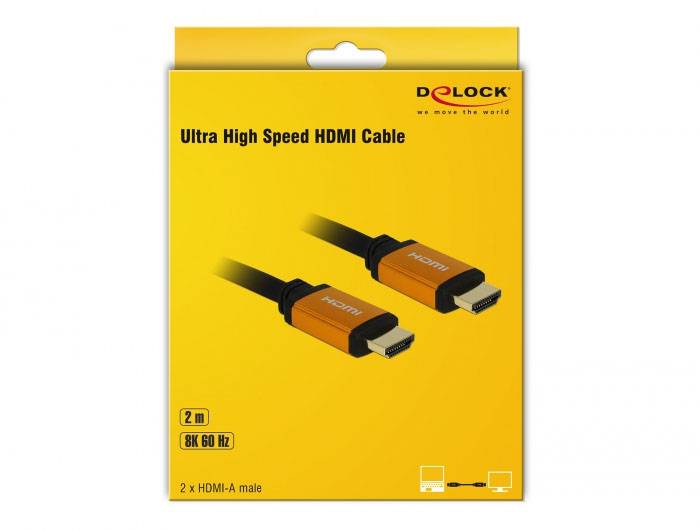 Verpackung eines 2 Meter langen Ultra High Speed HDMI-Kabels, 8K 60 Hz, mit goldenen Steckern, von der Marke Delock.