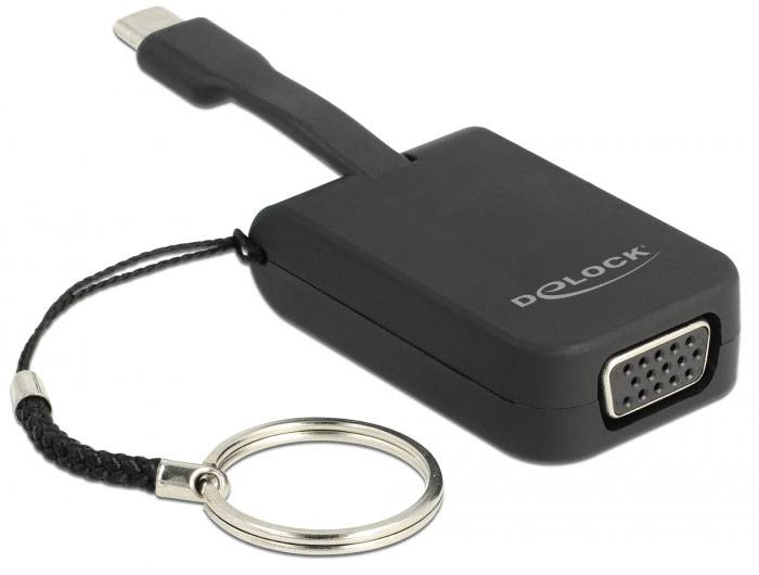 Ein schwarzer VGA-Adapter mit einem kurzen Kabel und einem Schlüsselanhänger.