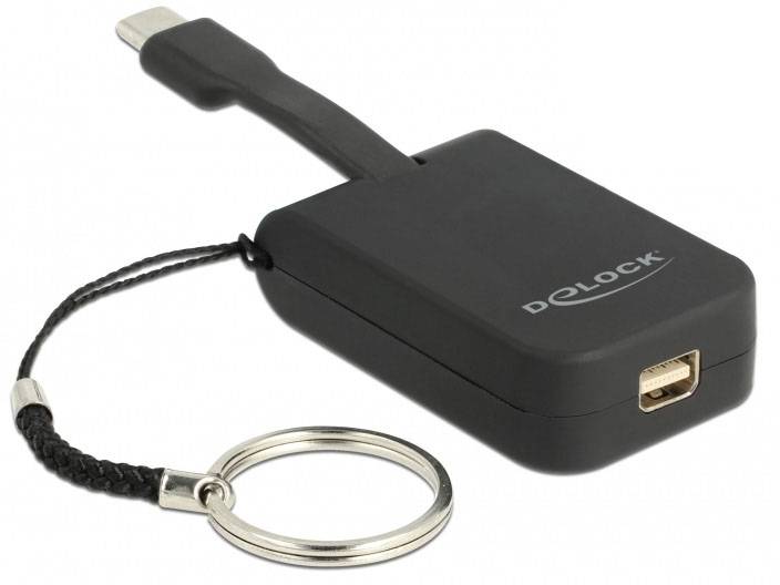 Schwarzer HDMI-Adapter von Delock mit flexiblem Kabel und Schlüsselring.