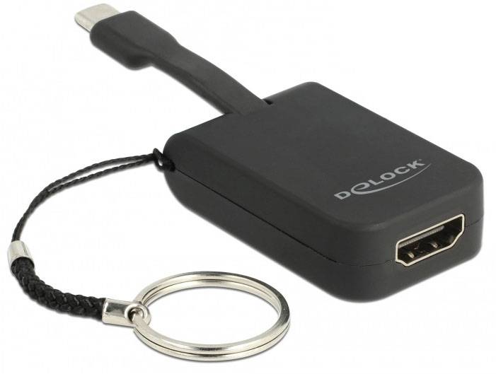 Ein schwarzer HDMI-Adapter von Delock mit einer kurzen Schlaufe und einem Schlüsselring.