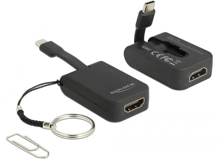 USB-C auf HDMI Adapter mit Schlaufe und Schlüsselring, geeignet zum Verbinden eines USB-C-Geräts mit einem HDMI-Monitor.