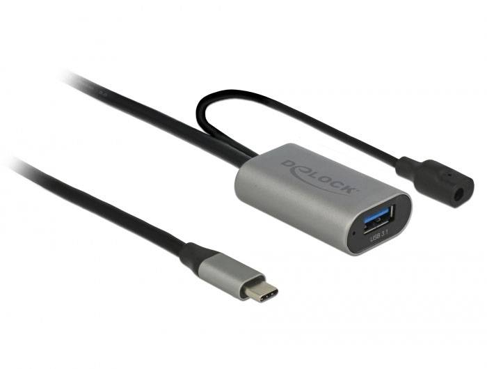 Graues USB-C auf USB-A Kabeladapter, Marke Delock, mit zusätzlichem Audioanschluss, geeignet für Laptops oder mobile Geräte.