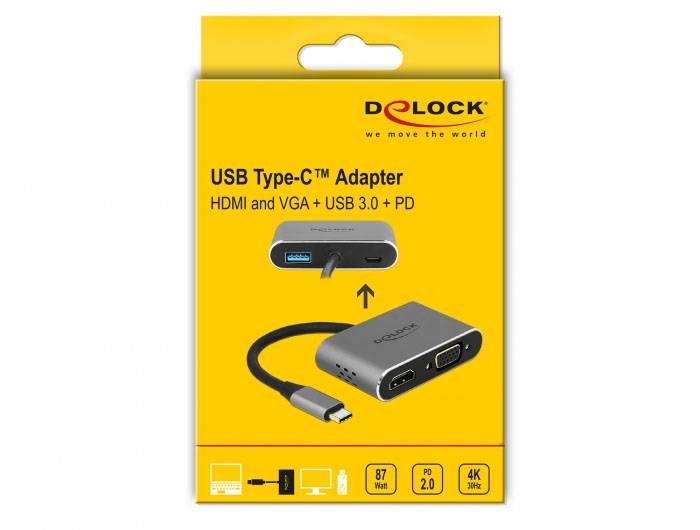 Delock USB 2.0 Adapter [1x USB-C® Stecker - 1x HDMI-Buchse, VGA-Buchse, USB-C® Buchse] 64074 0.12m