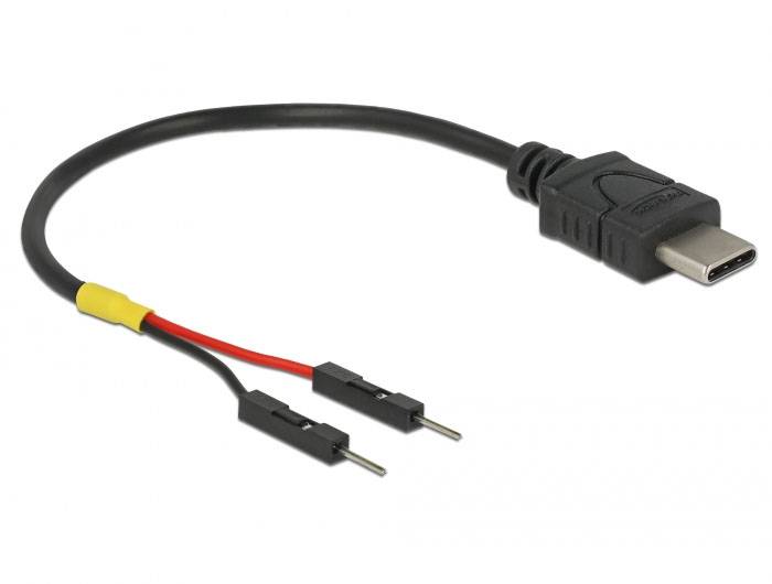 Ein USB-C-Adapterkabel mit zwei Jumper-Kabelanschlüssen, rot und schwarz, für elektronische Verbindungen.