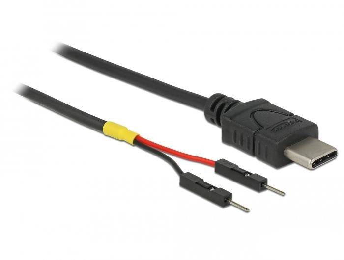 'USB-C-Adapterkabel mit Steckverbindern', ein schwarzes Kabel mit gelbem Abschnitt und zwei Steckerenden in Rot und Schwarz.