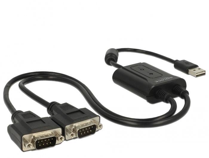 Adapterkabel mit zwei VGA-Anschlüssen und einem USB-Stecker, geeignet zur Verbindung von zwei Monitoren mit einem Computer.