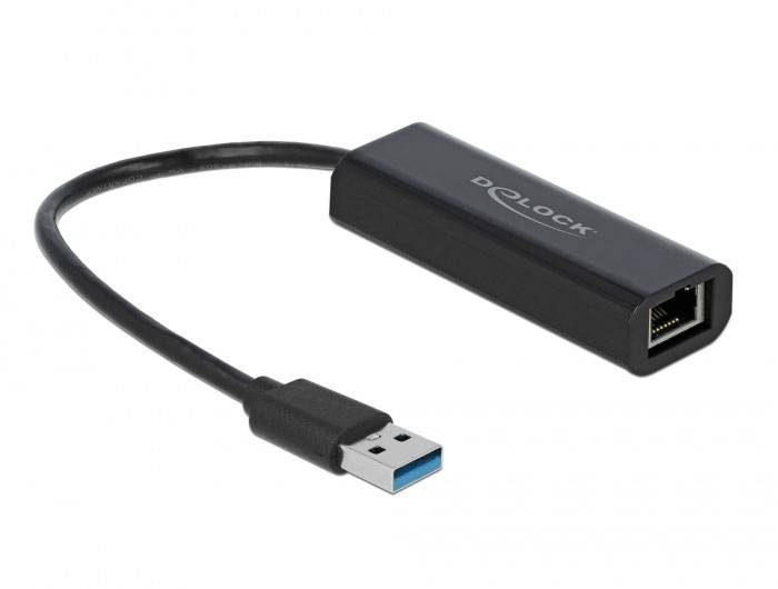 Ein USB-3.0-zu-Ethernet-Adapter. Schwarzes Gehäuse, etwa handgroß, verbindet USB mit einem Ethernet-Port.