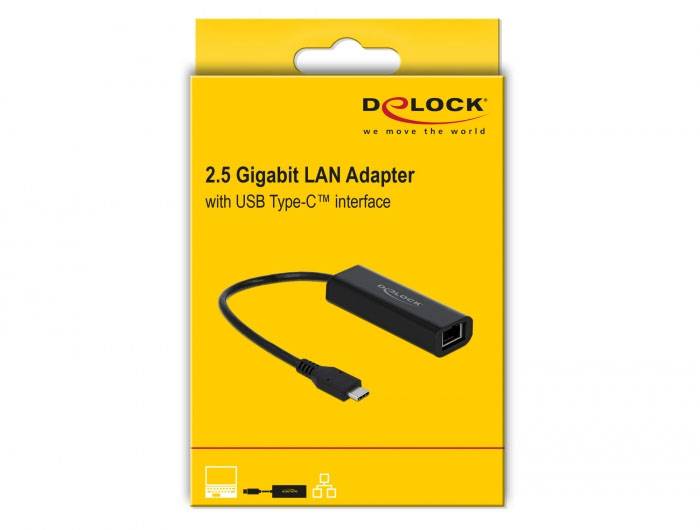 Verpackung eines 2,5 Gigabit LAN-Adapters mit USB Type-C Anschluss. Markenname oben, Bild des Adapters mittig.