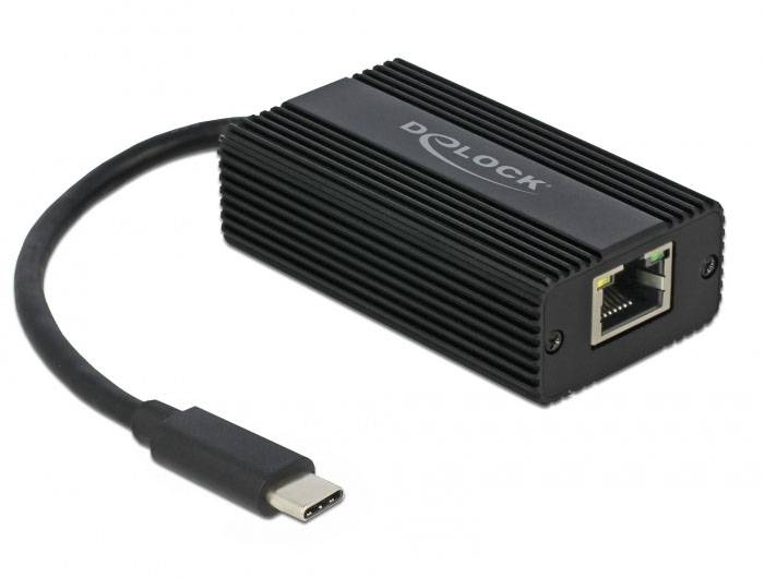 Ein schwarzer USB-C-zu-Ethernet-Adapter mit geriffeltem Gehäuse und USB-C-Stecker links, Ethernet-Port rechts, markiert mit 'DeLOCK'.