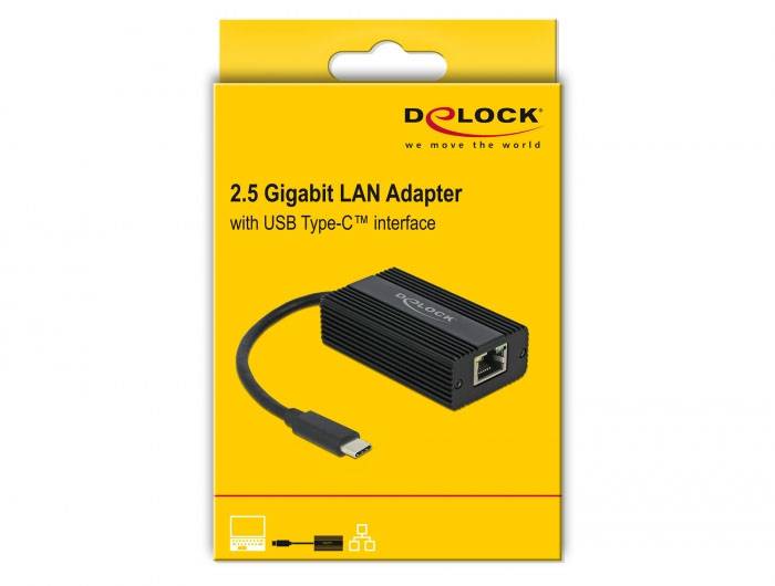 '2.5 Gigabit LAN Adapter mit USB Type-C Schnittstelle', abgebildet auf einer gelben Verpackung mit Produktabbildung eines schwarzen Adapters.