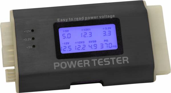 Power Tester-Gerät mit LCD-Bildschirm zeigt Spannungswerte: +5V, +12V, +3.3V, -12V, -5V und Stromversorgungseinheit.