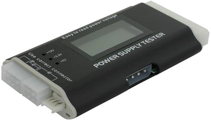 Ein schwarzer Netzteiltester mit LCD-Display, Anschlüssen und Markierungen für Spannungsmessung. Text: 'POWER SUPPLY TESTER'.