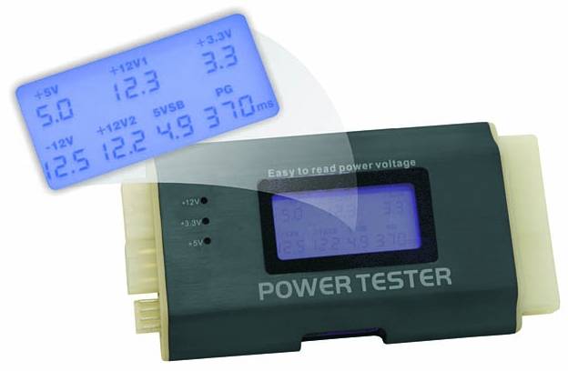 'Power Tester' zeigt unterschiedliche Spannungen mit Werten: +5V, +12V1, +3.3V, +12V2, -12V. Bildschirm auf Prüfgerät dargestellt.