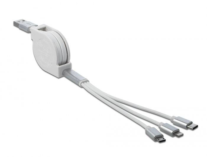Ein weißes, ausziehbares USB-Ladekabel mit drei verschiedenen Anschlüssen: USB-C, Micro-USB und Lightning, für vielseitige Nutzung.